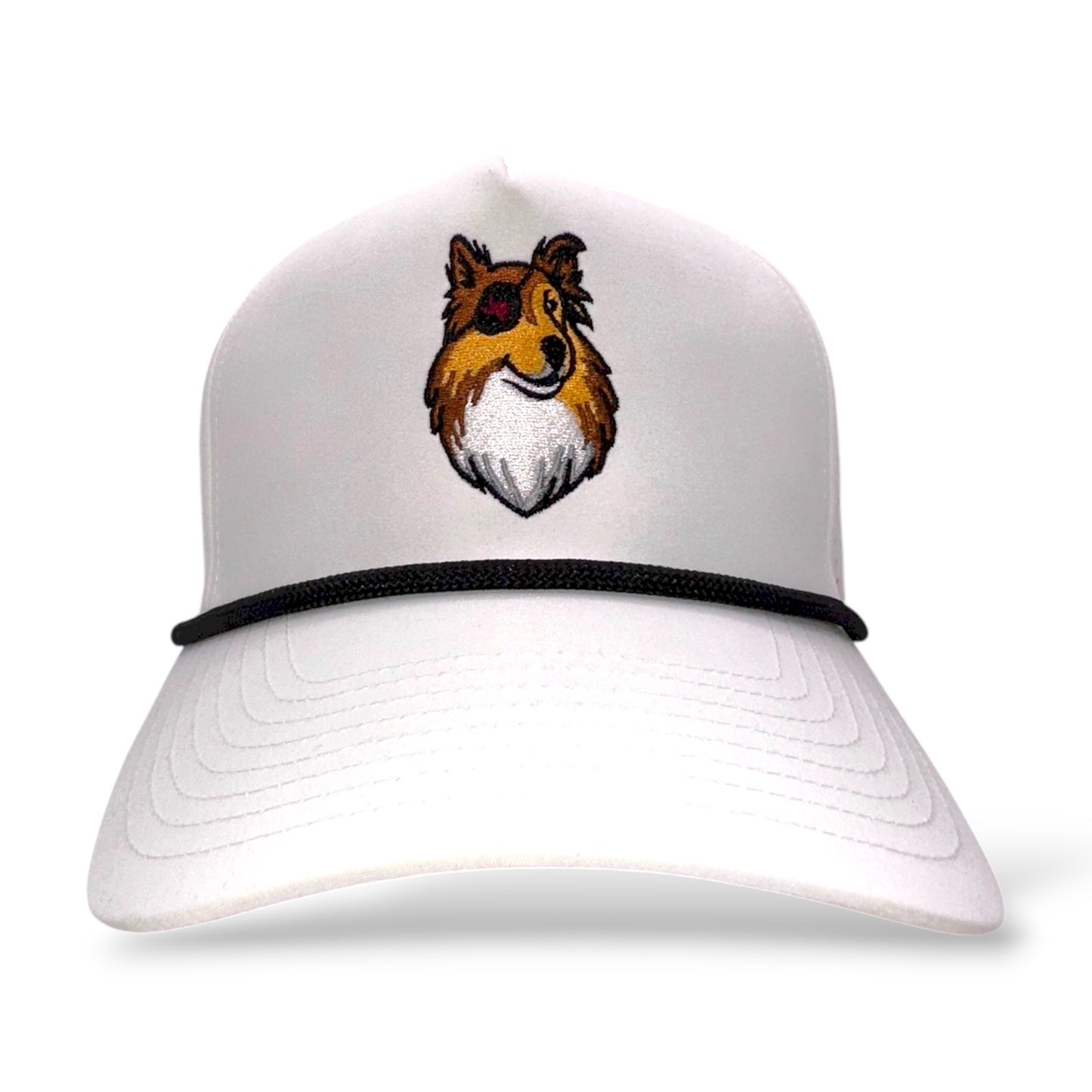 TouchHound Rope Hat All White - Front angle view showing custom embroidered logo and black rope