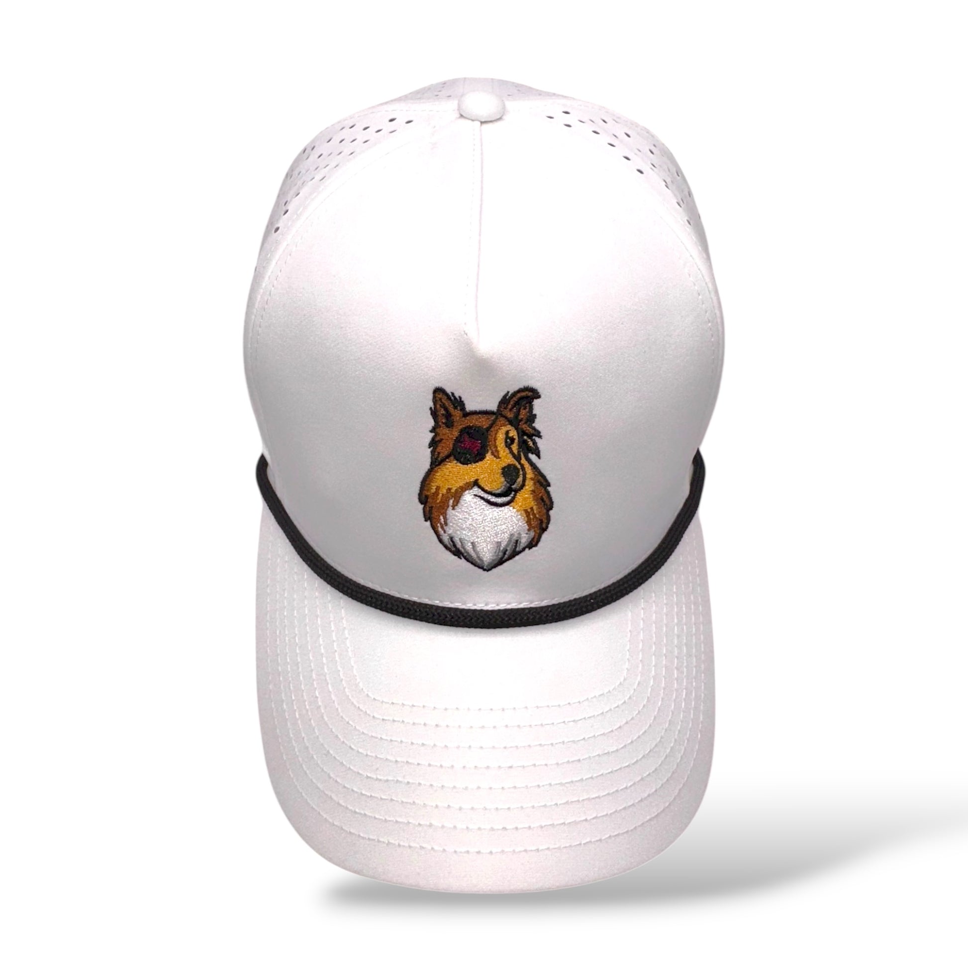 TouchHound Rope Hat All White - Front top down angle view showing custom embroidered logo, perforated side and back netting material, and black rope