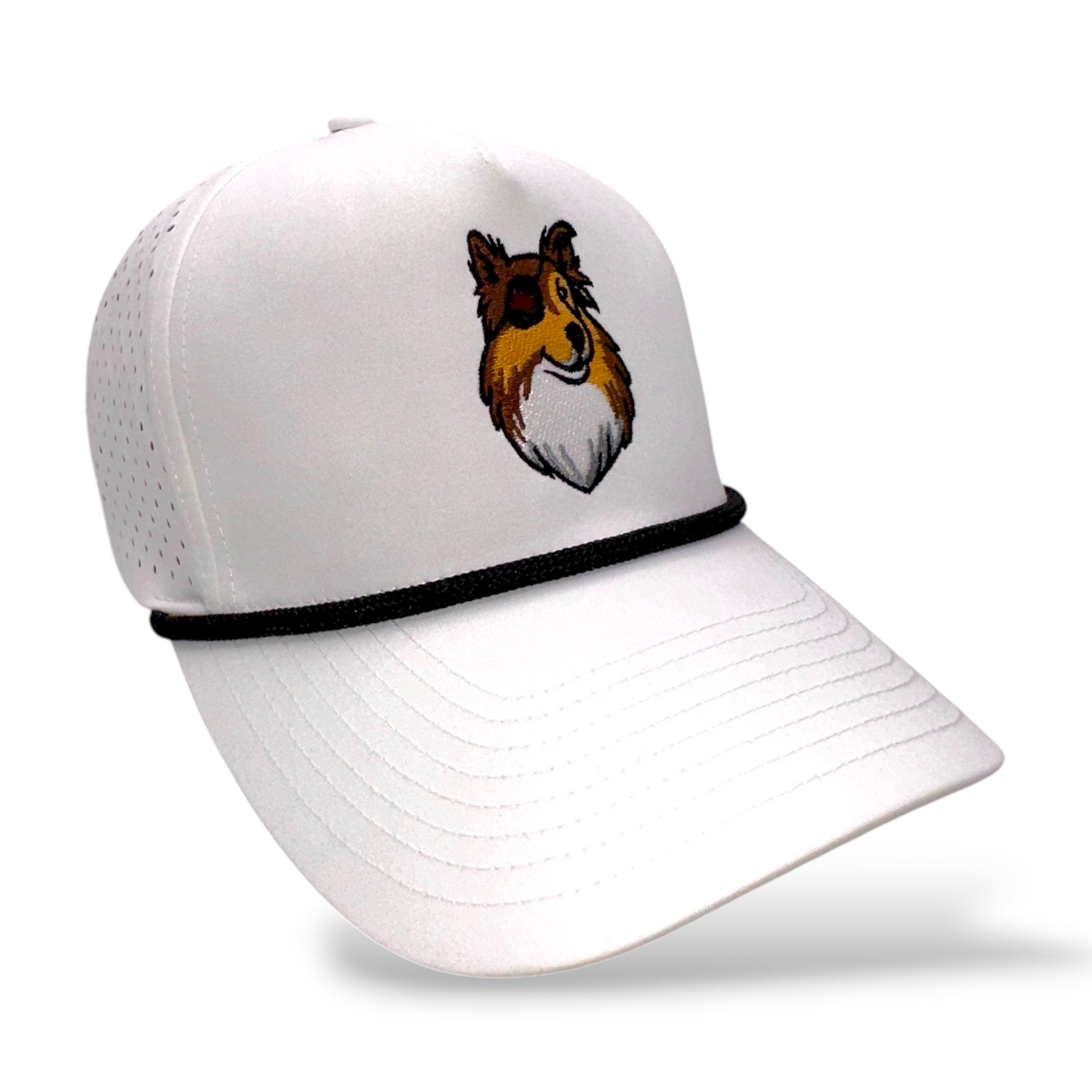 TouchHound Rope Hat All White - Side angle view showing custom embroidered logo, perforated side material and black rope