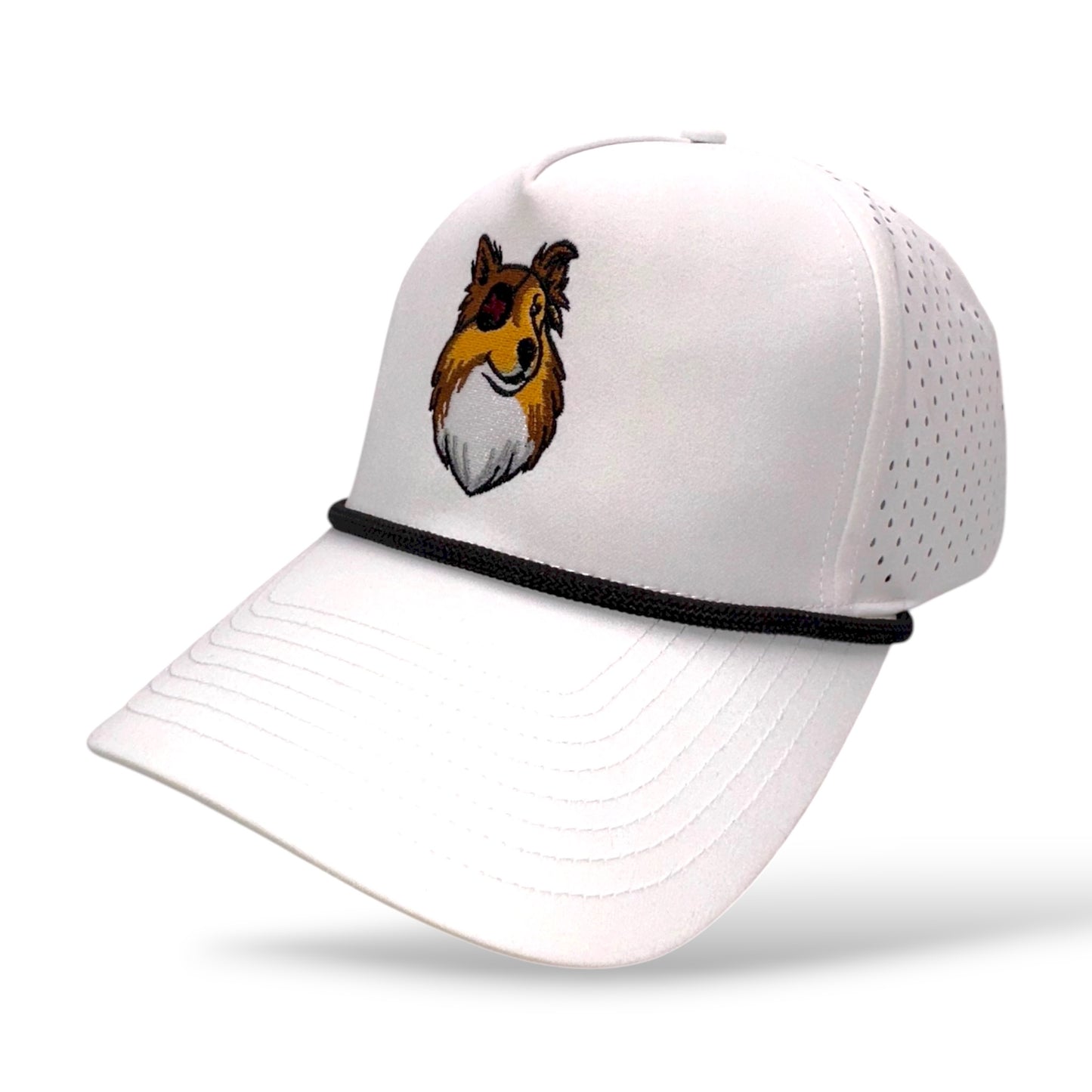 TouchHound Rope Hat All White - Side angle view showing custom embroidered logo, perforated side material and black rope