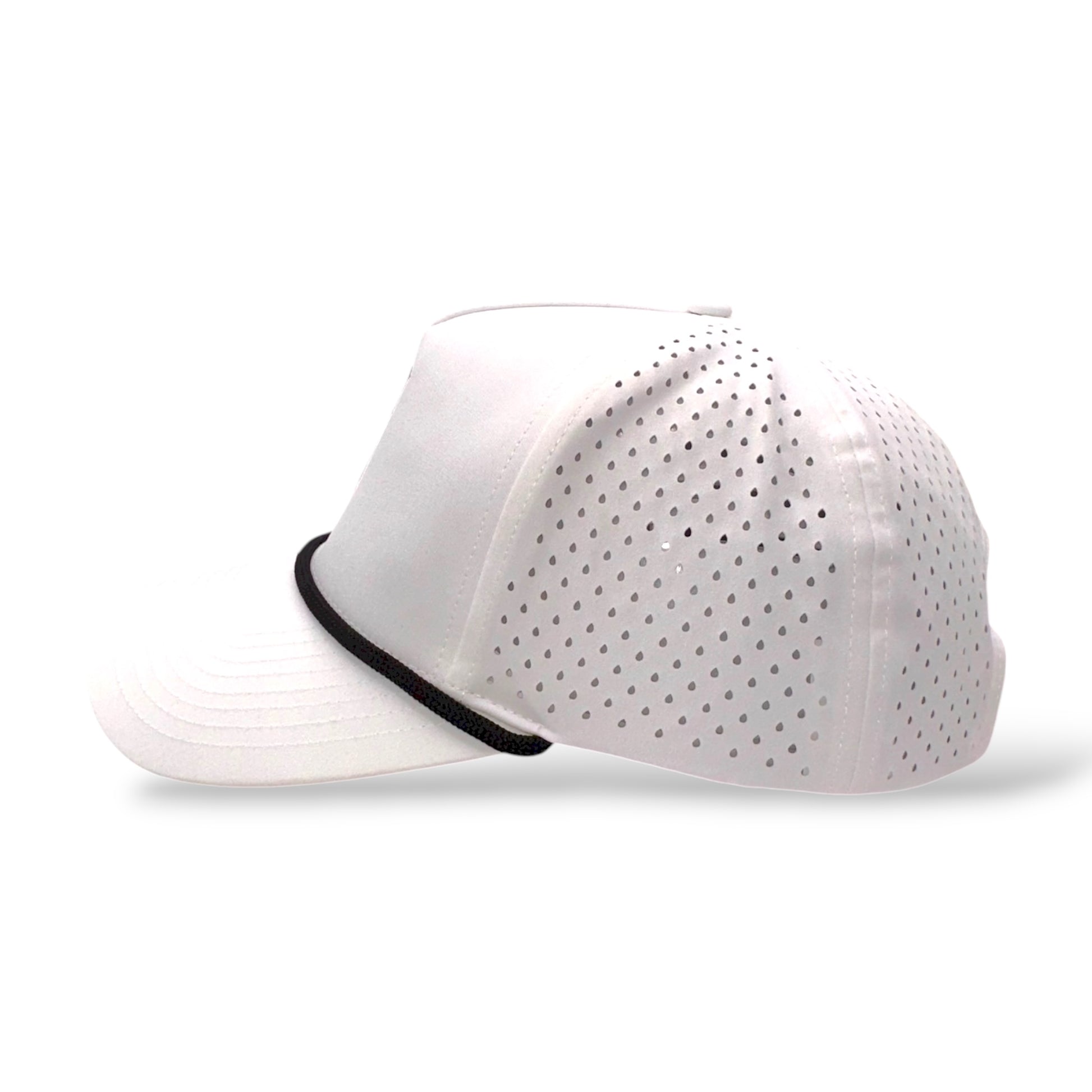 TouchHound Rope Hat All White - Side profile view showing perforated side material and black rope