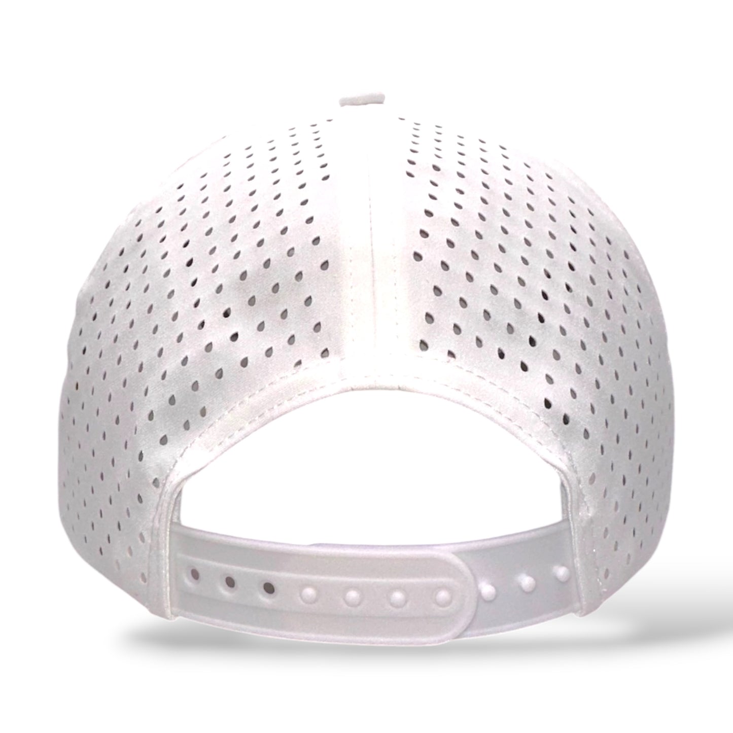 TouchHound Rope Hat All White - Back angle view showing perforated side material and snapback adjustable rear