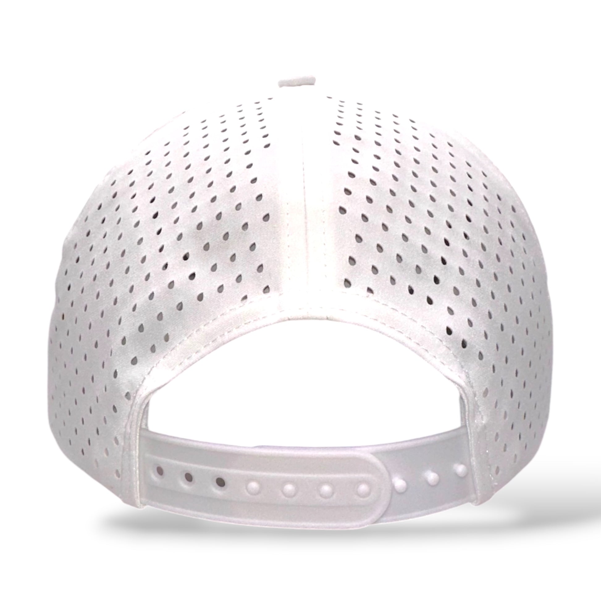 TouchHound Rope Hat All White - Back angle view showing perforated side material and snapback adjustable rear
