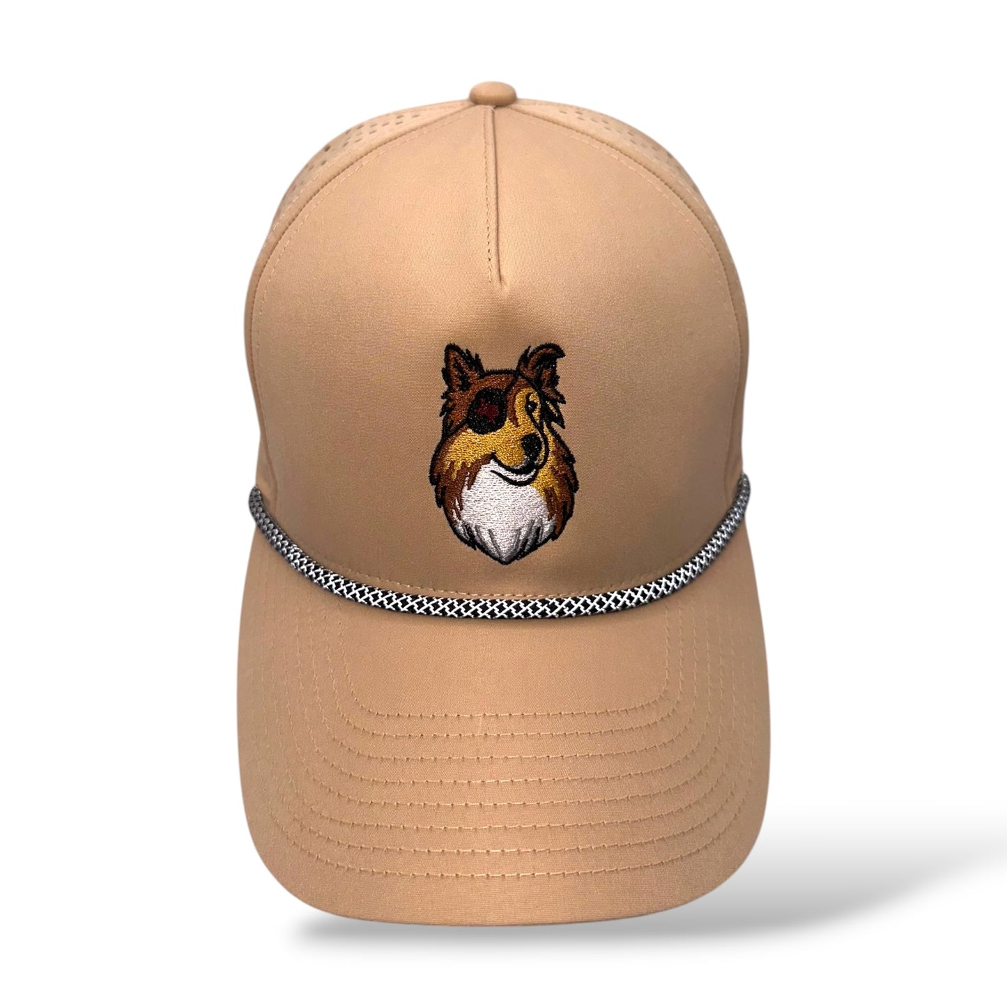 TouchHound Sport Rope Hat All Brown - Front top down angle view showing custom embroidered logo and black and white mesh rope