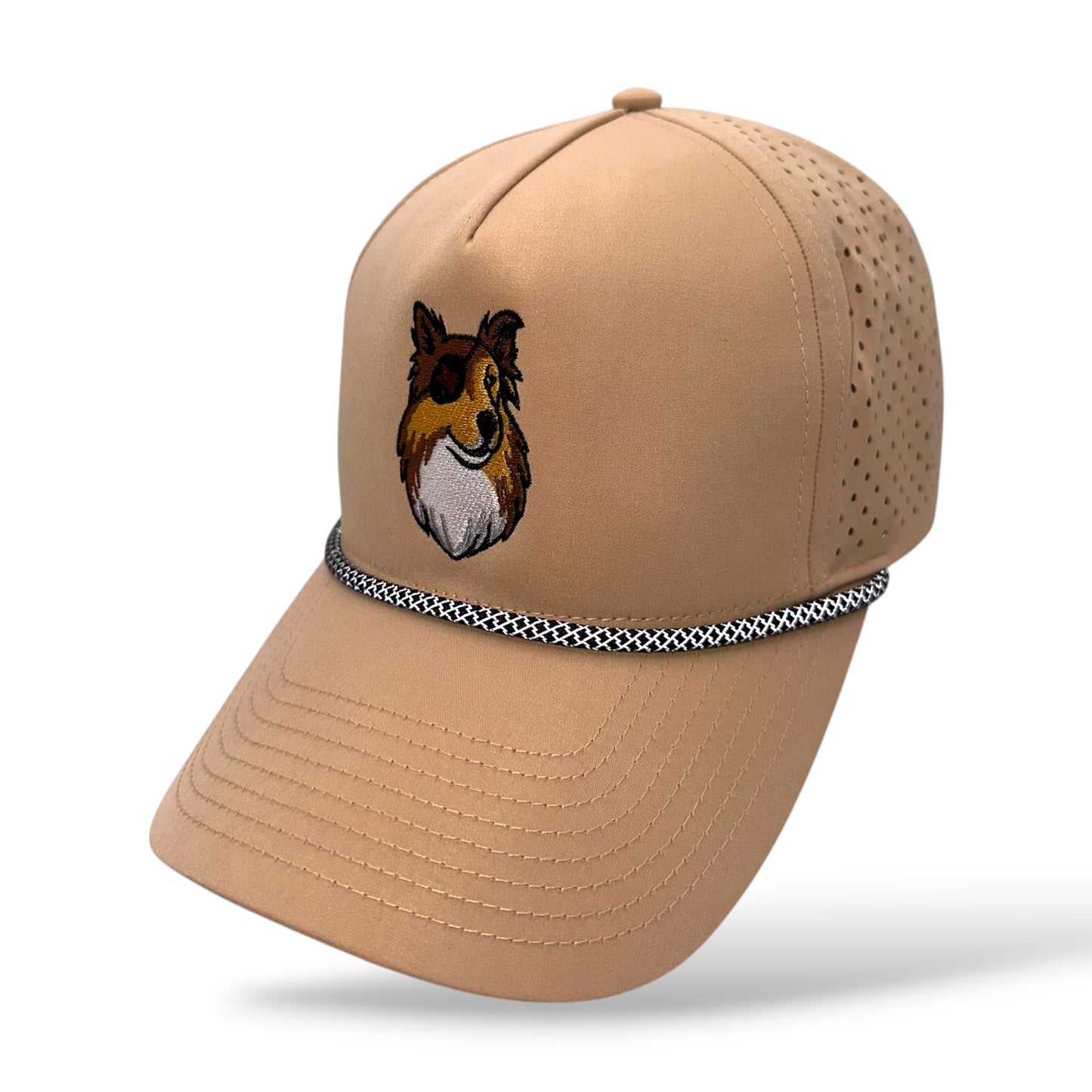 TouchHound Sport Rope Hat All Brown - Side angle view showing custom embroidered logo, perforated side material and black and white mesh rope