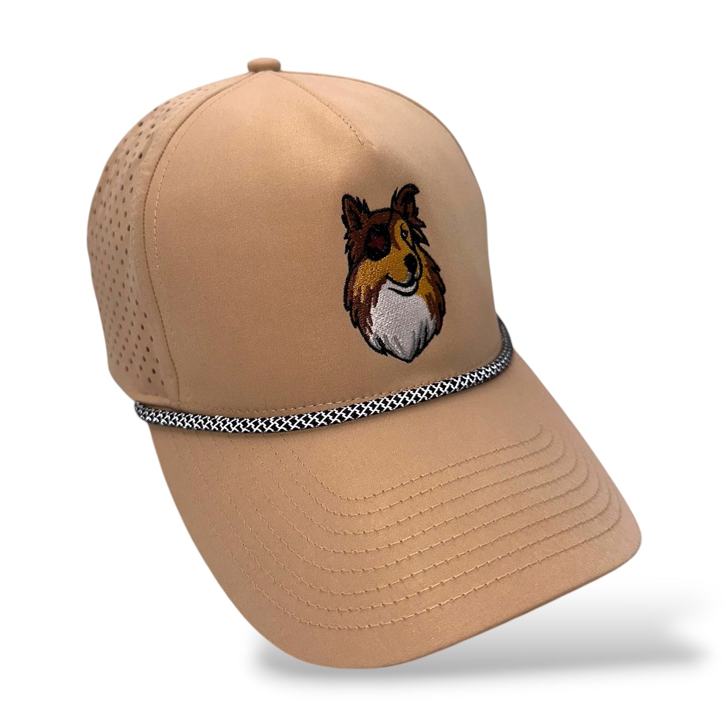 TouchHound Sport Rope Hat All Brown - Side angle view showing custom embroidered logo, perforated side material and black and white mesh rope