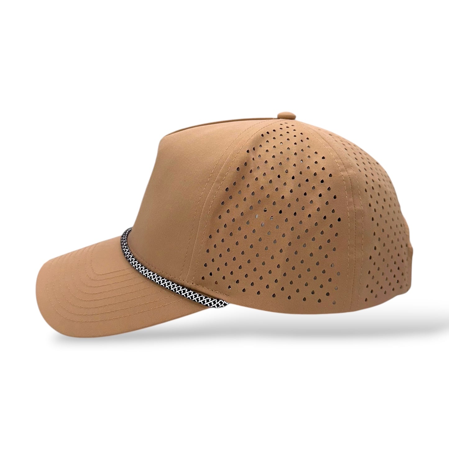 TouchHound Rope Hat All Brown - Side profile angle view showing perforated side material and white and black rope.