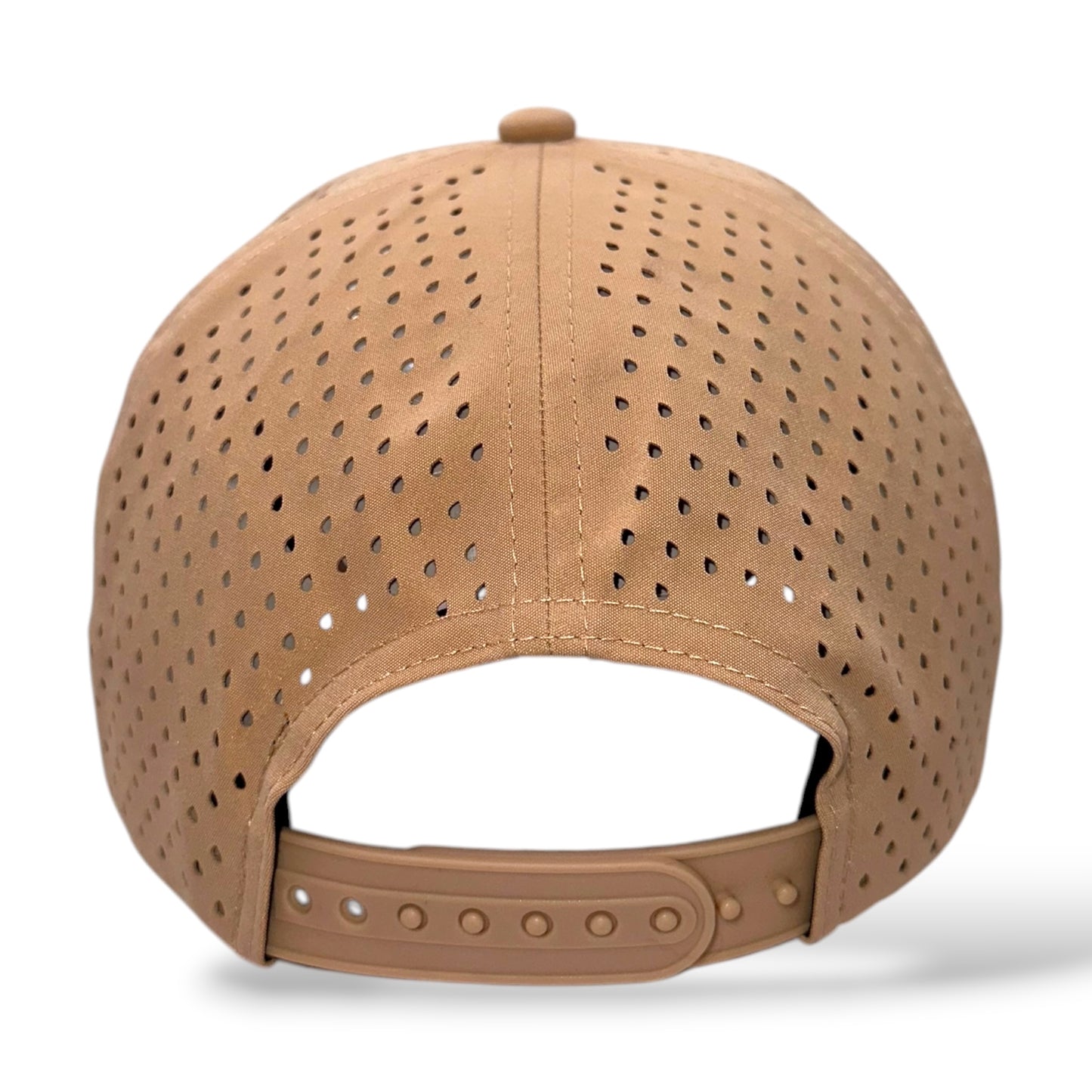TouchHound Rope Hat Brown - Back angle view showing perforated side and back material and snapback adjustable rear
