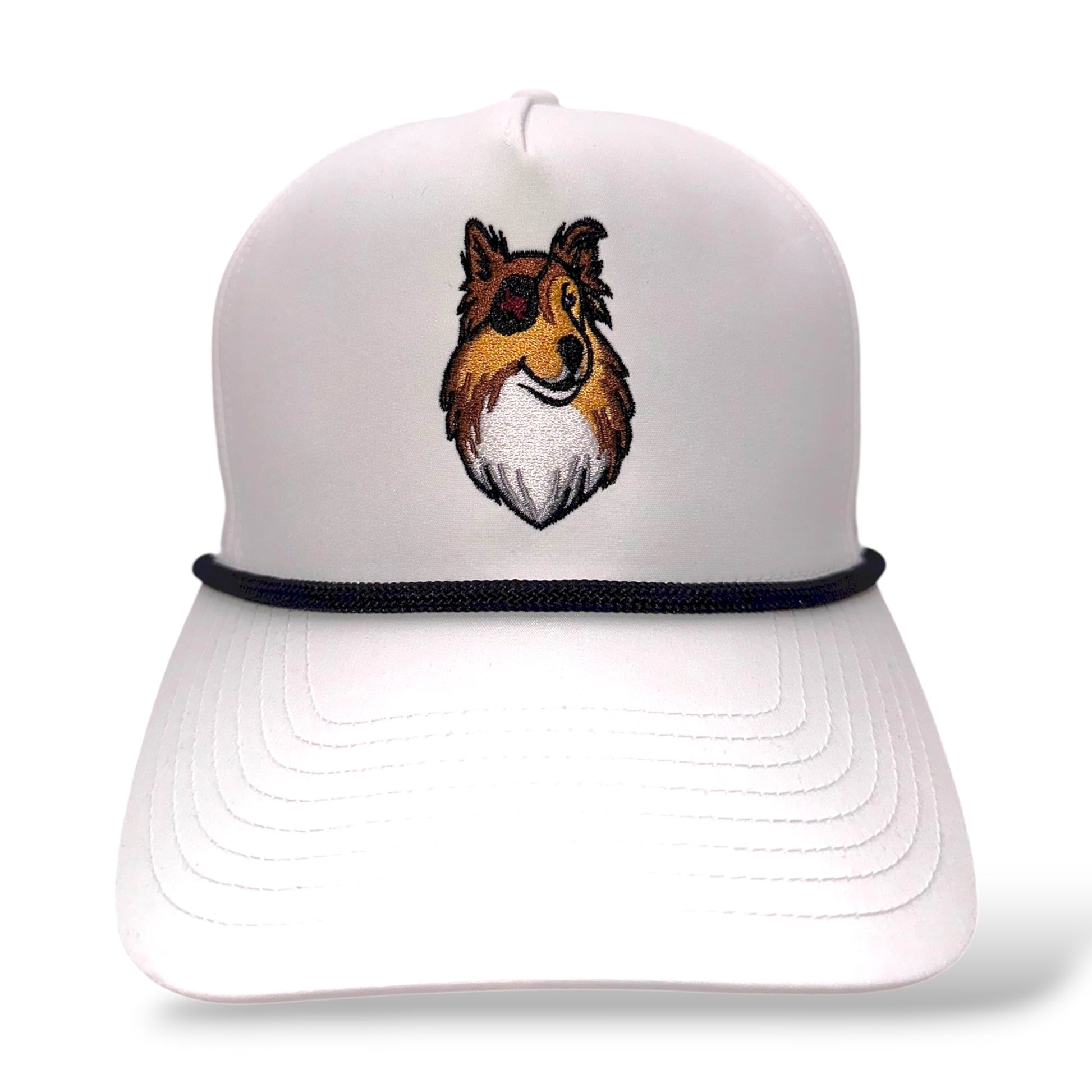 TouchHound Sport Rope Hat All White - Front angle view showing custom embroidered logo and white and black mesh rope