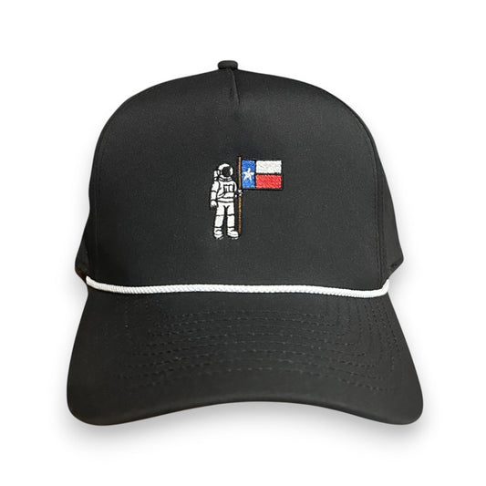 Lone Star Astronaut hat in black with white rope - front view showing Texas flag and astronaut embroidery