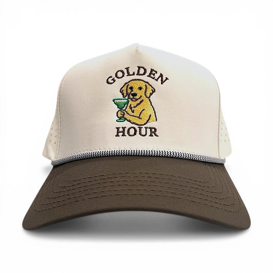 The Golden Hour Hat – Embroidered Foam Trucker Cap – angled right view – Mad Capper embroidered hat