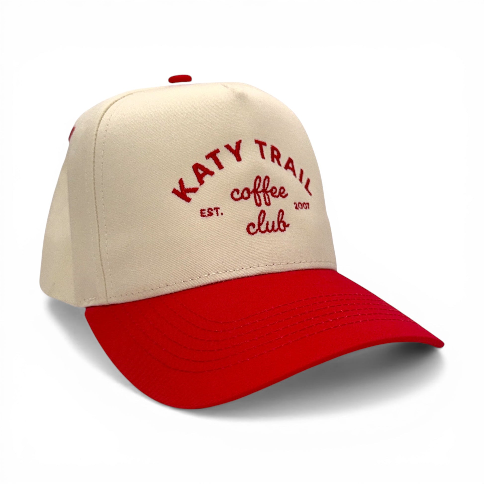 Katy Trail Coffee Club Hat – Embroidered Cap – angled right view – Mad Capper embroidered hat