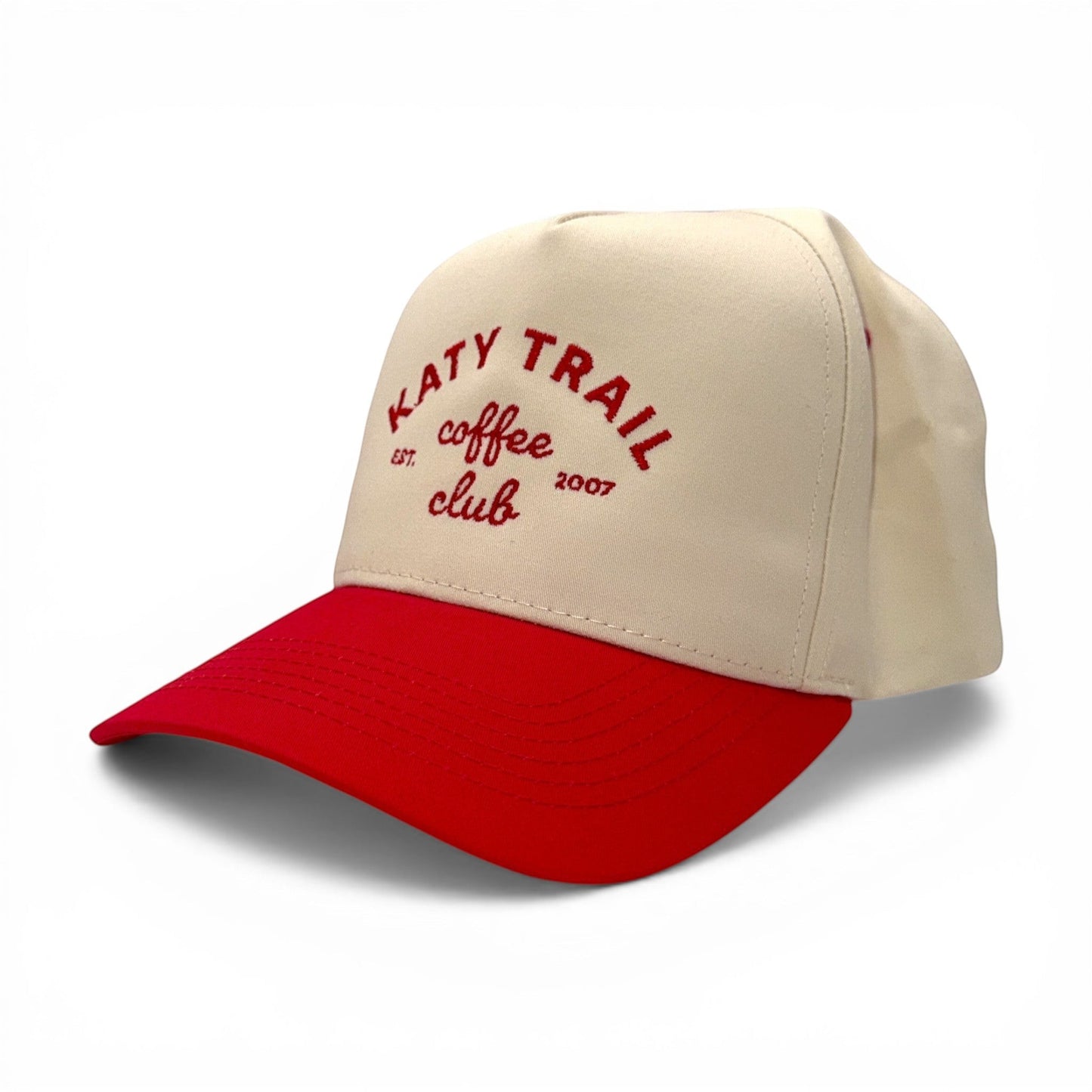Katy Trail Coffee Club Hat – Embroidered Cap – angled left view – Mad Capper embroidered hat