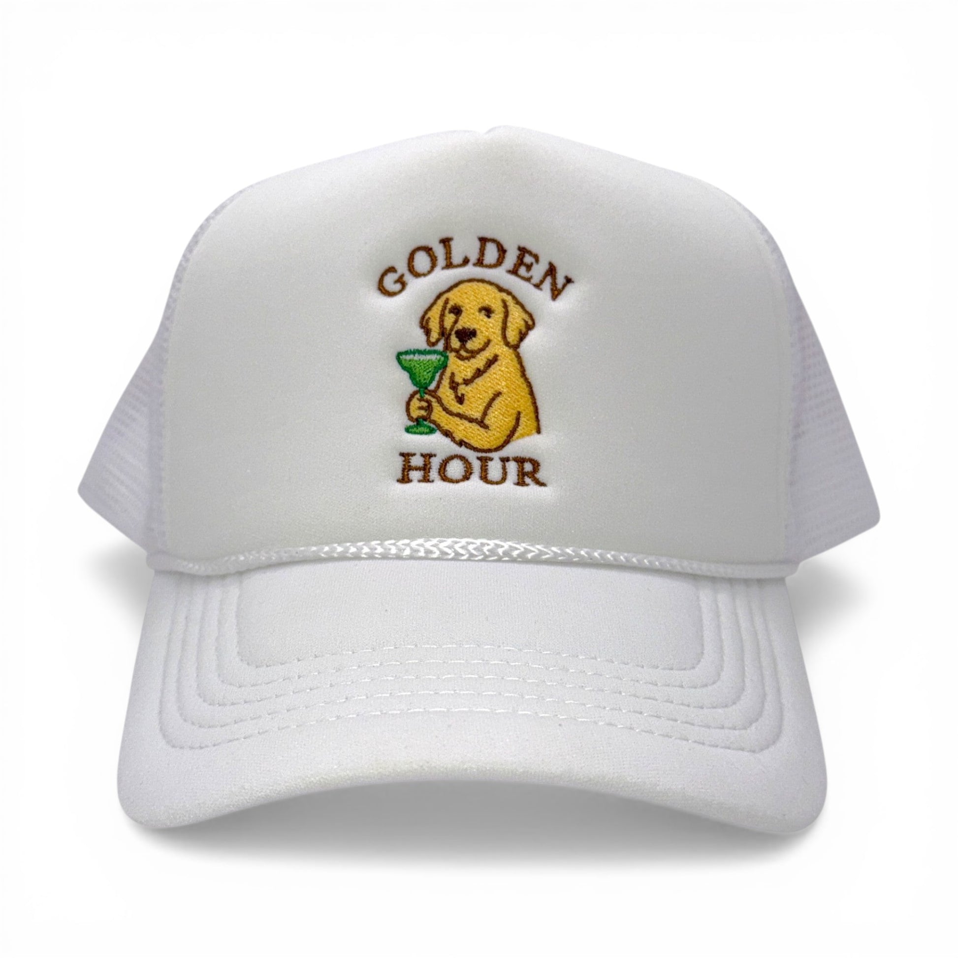 The Golden Hour Hat – Embroidered Foam Trucker Cap – front view – Mad Capper embroidered hat