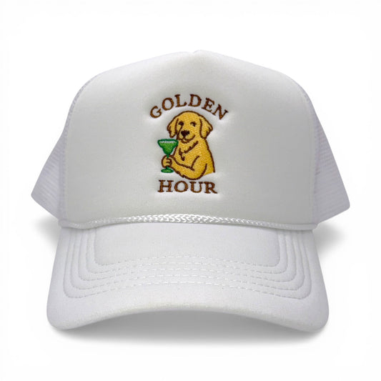 The Golden Hour Hat – Embroidered Foam Trucker Cap – front view – Mad Capper embroidered hat