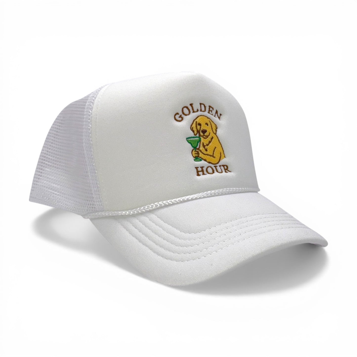 The Golden Hour Hat – Embroidered Foam Trucker Cap – detail view – Mad Capper embroidered hat