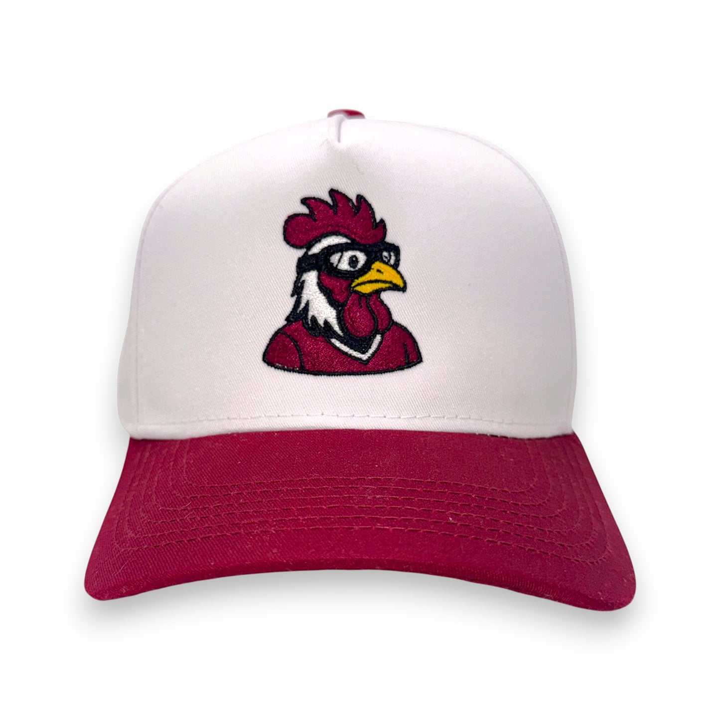 LaRooster Specs South Carolina baseball hat in white and maroon - front view with rooster in spectacles embroidery