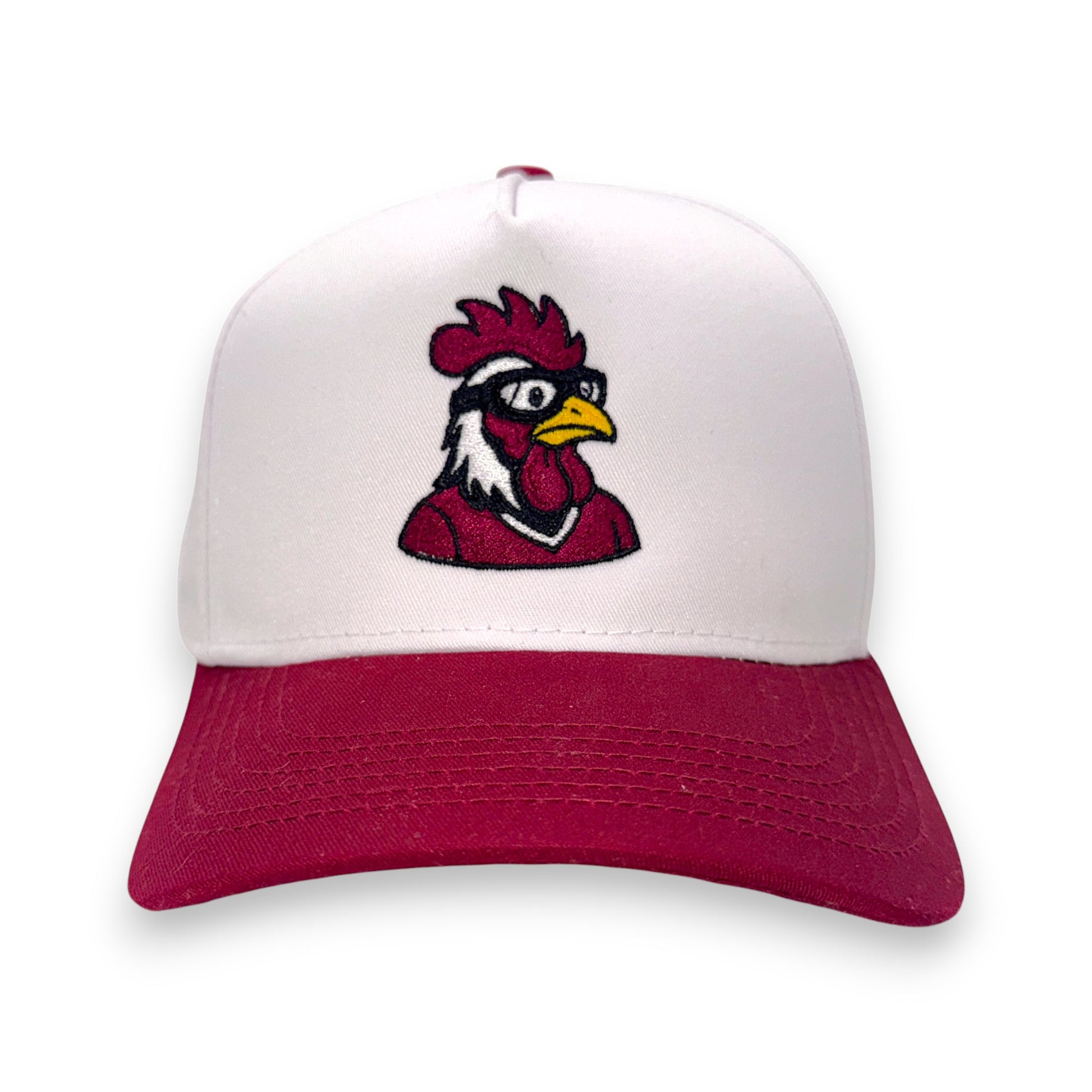 LaRooster Specs South Carolina baseball hat in white and maroon - front view with rooster in spectacles embroidery