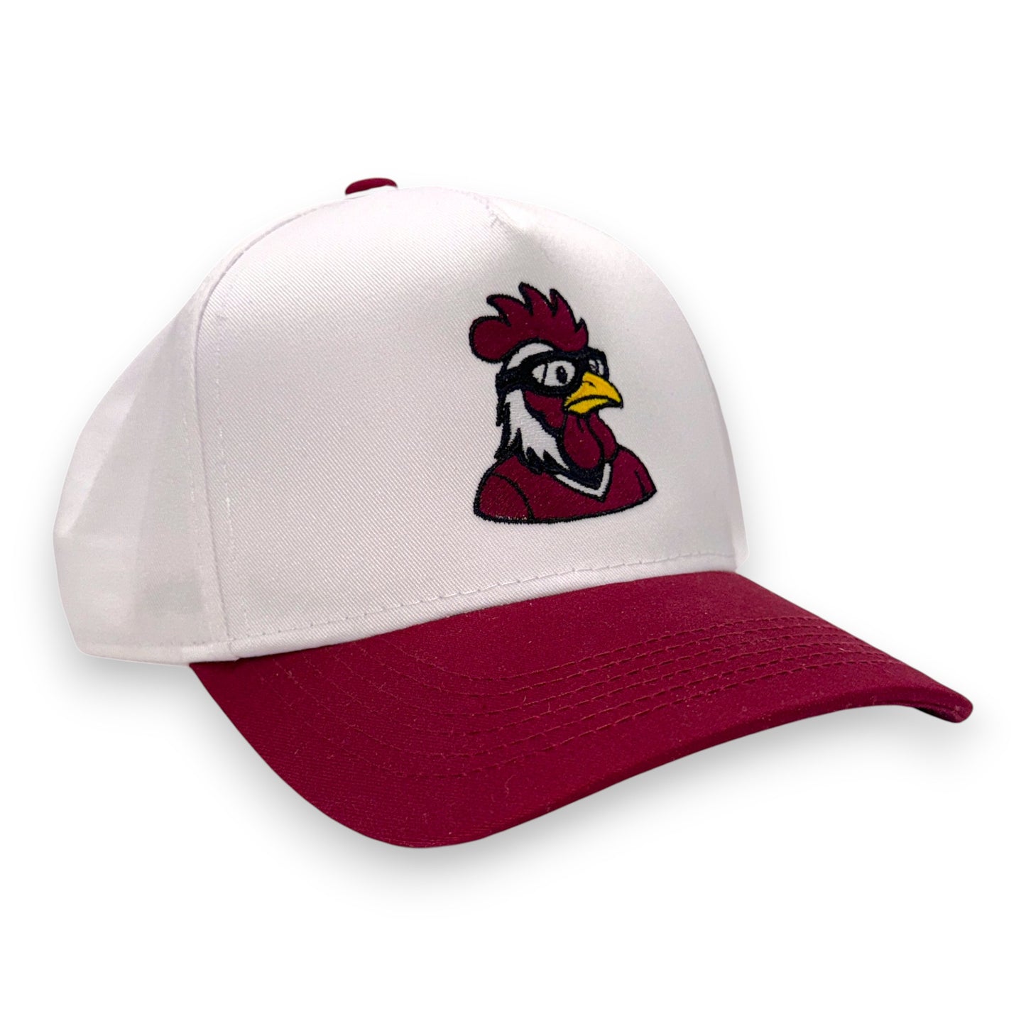 LaRooster Specs white and maroon bill baseball hat - angled view South Carolina gameday cap
