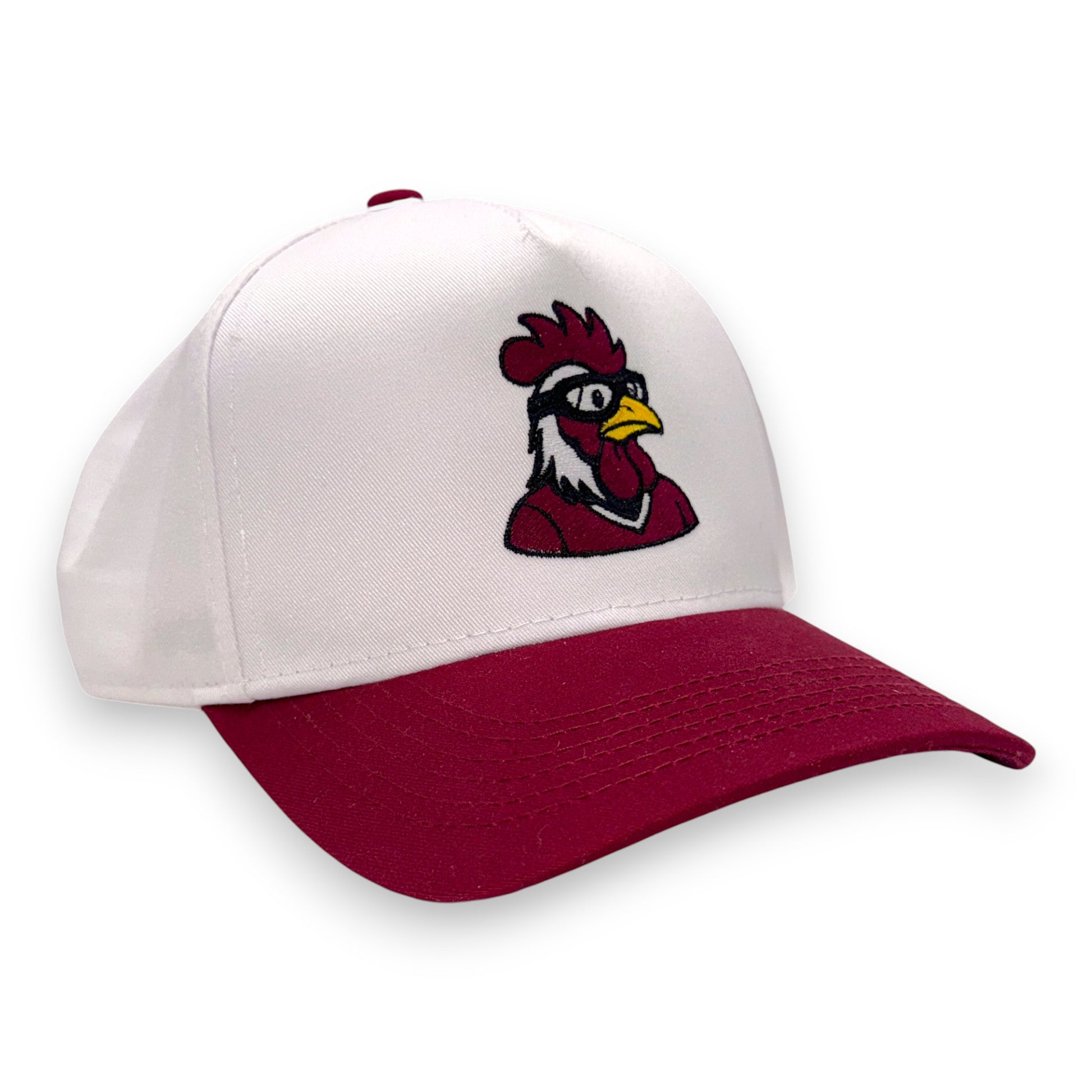 LaRooster Specs white and maroon bill baseball hat - angled view South Carolina gameday cap
