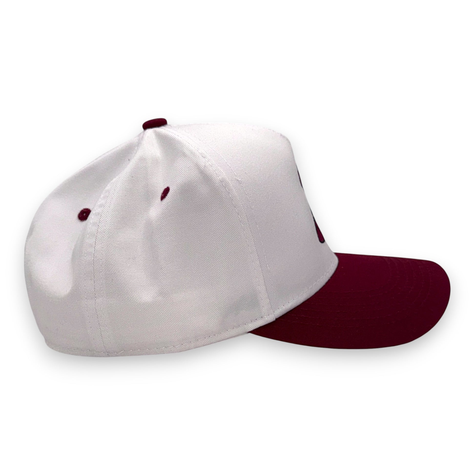 LaRooster Specs white cap and maroon bill baseball hat - angled view South Carolina gameday cap
