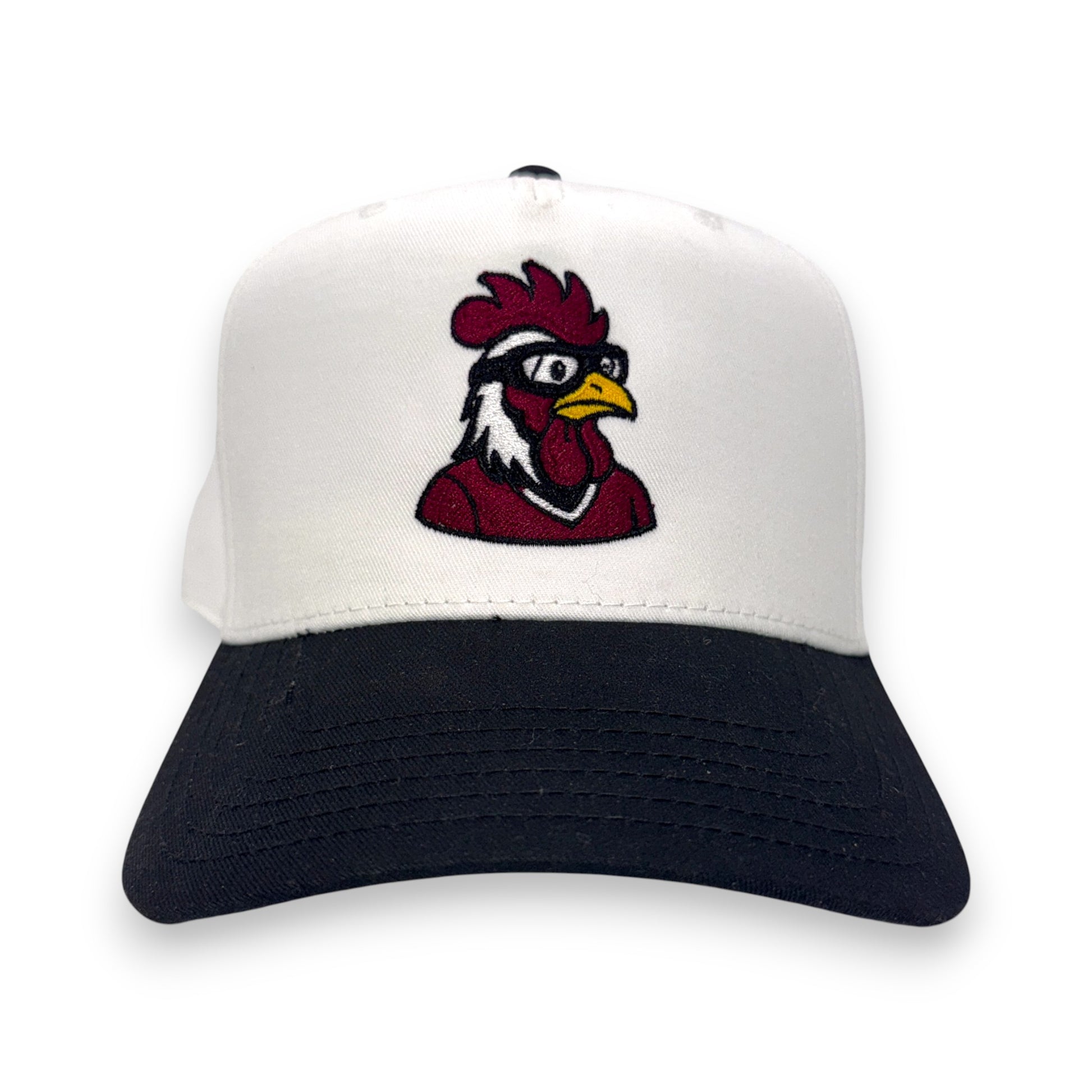 South Carolina LaRooster Specs black with white crown - front view rooster embroidery rope cap
