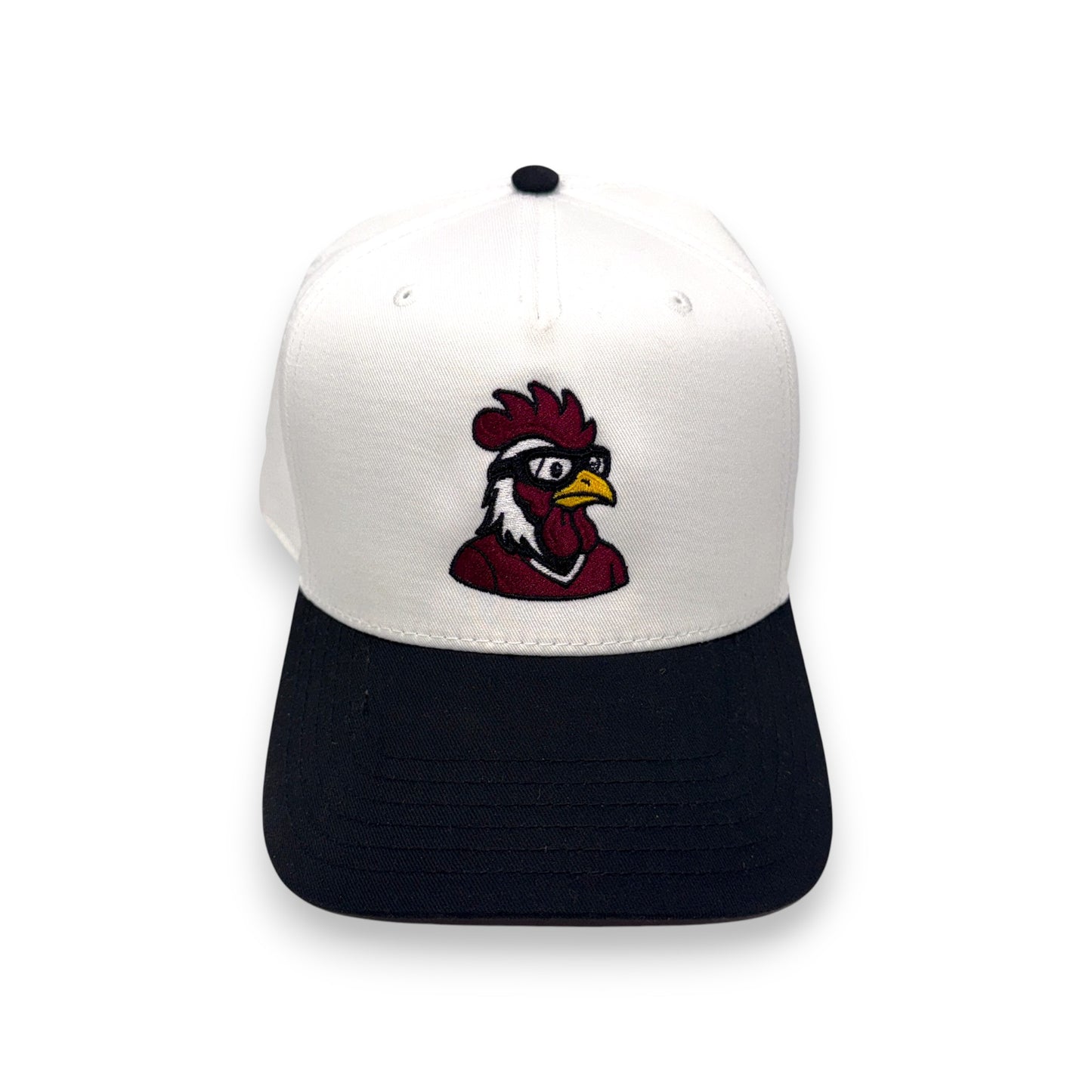 LaRooster Specs baseball hat with white crown and black bill - front view with South Carolina rooster in specs design
