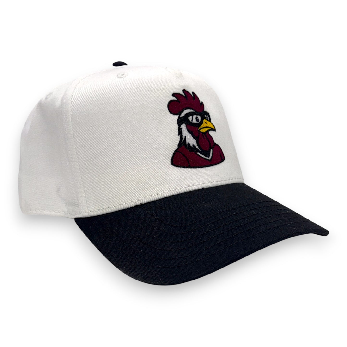 LaRooster white crown and black bill baseball hat - angled view showing performance trucker style
