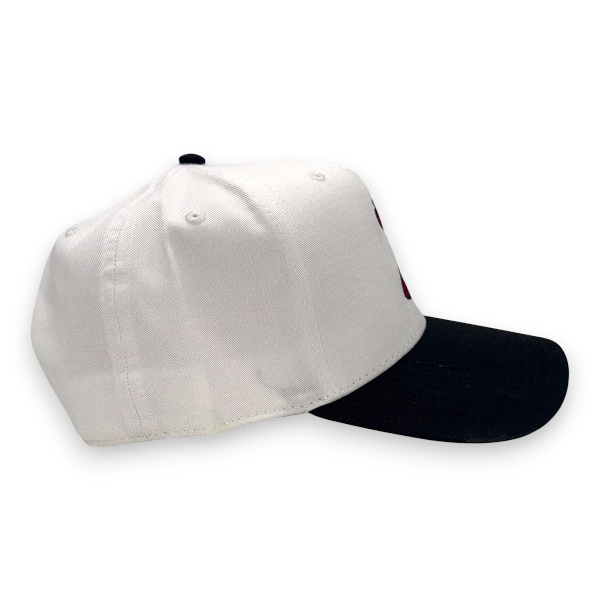 Tan LaRooster Specs baseball cap with white crown and black bill - side profile view displaying snapback closure