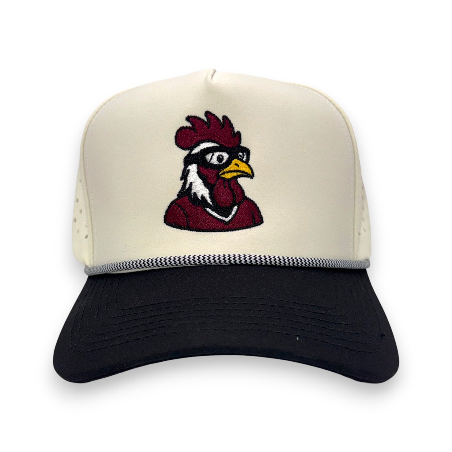 South Carolina LaRooster Specs black with tan crown - front view rooster embroidery rope cap
