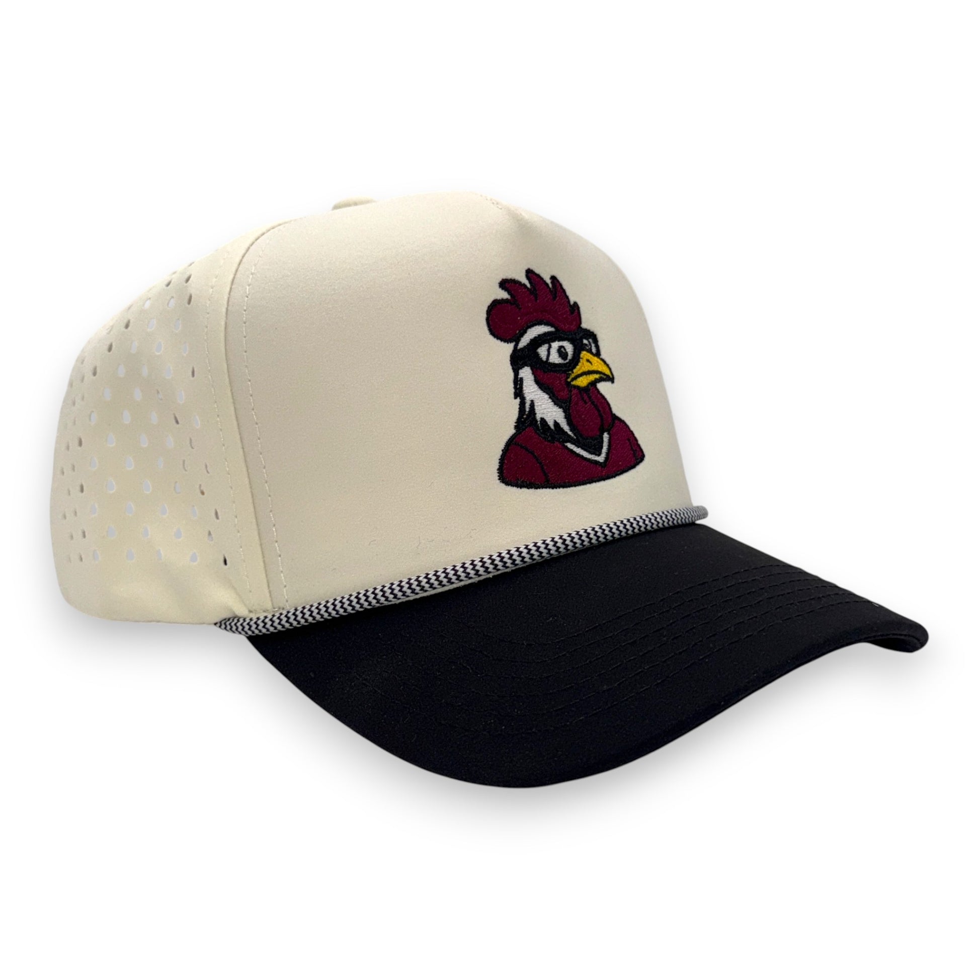 LaRooster black rope hat with tan bill - angled view showing performance trucker style
