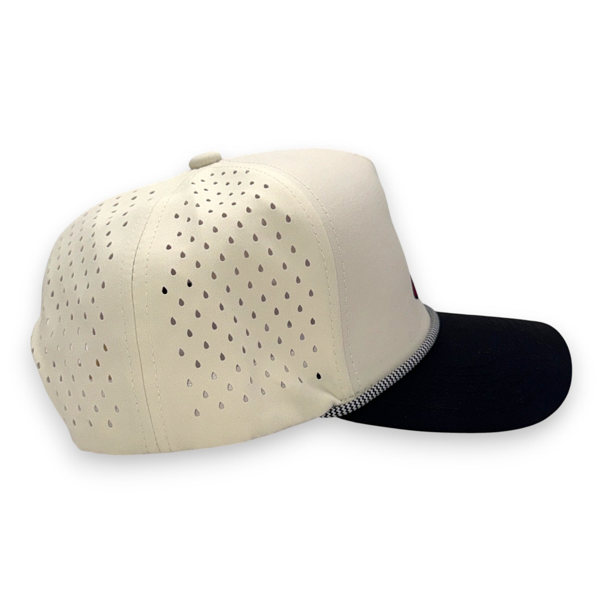 Tan LaRooster Specs rope cap with black bill - side profile view displaying snapback closure
