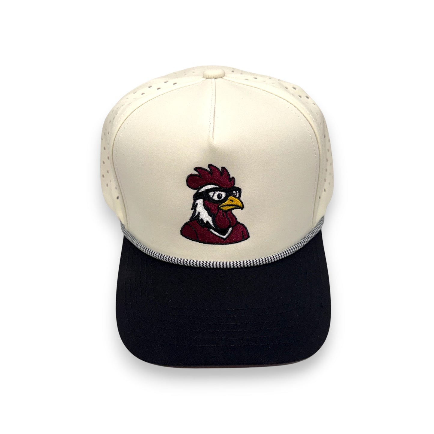 South Carolina LaRooster Specs black with tan crown - front view rooster embroidery rope cap
