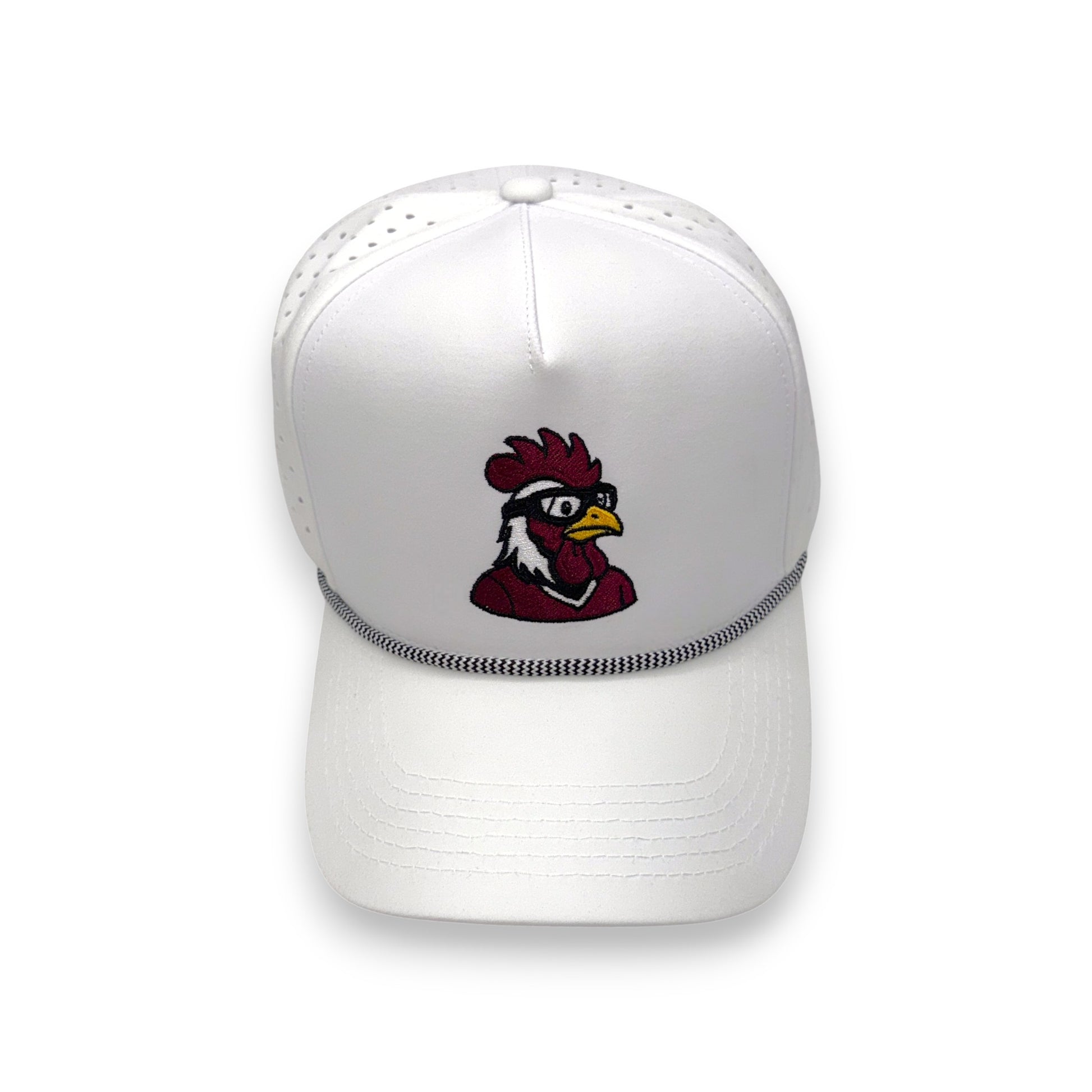 LaRooster Specs rope hat in white - front view with South Carolina rooster specs embroidery
