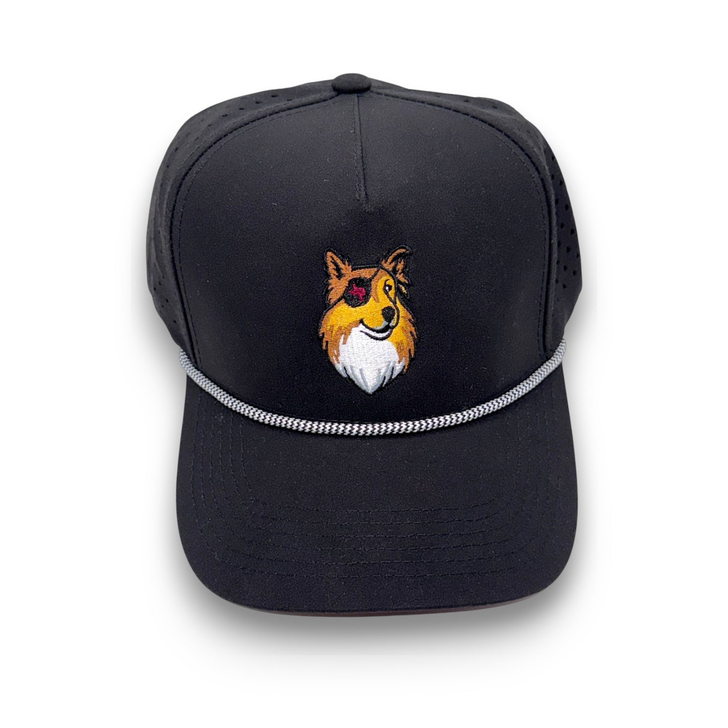 TouchHound Rope Black - front top down angle view showing custom embroidered logo and white rope.