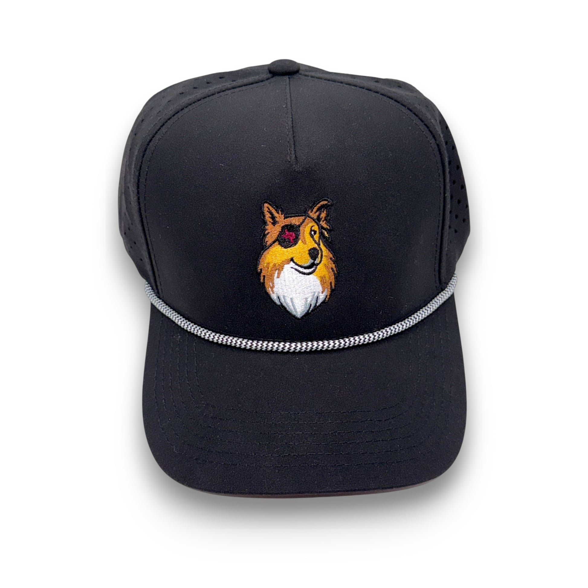 TouchHound Rope Black - front top down angle view showing custom embroidered logo and white rope.