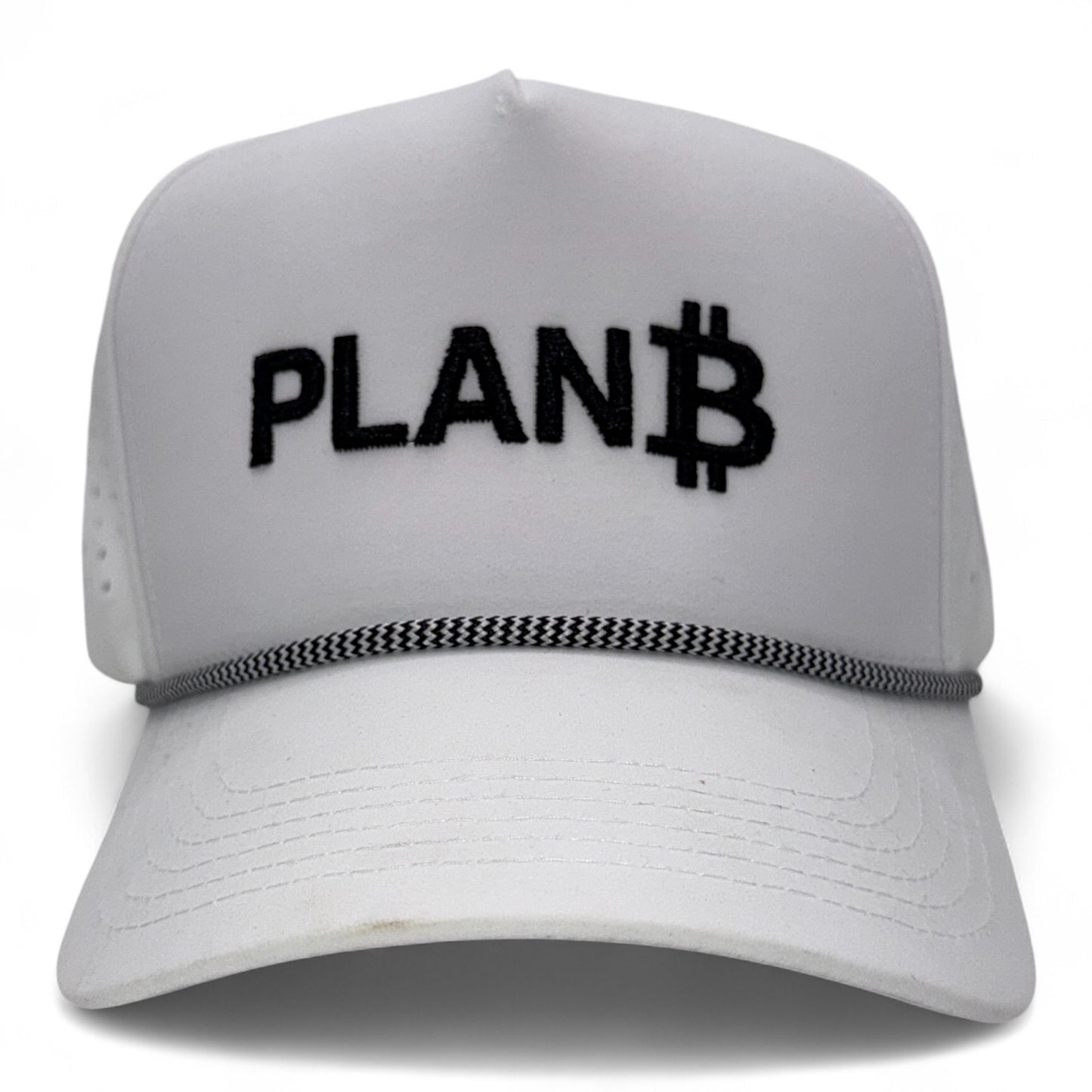 White cap with 'PLAN B' text and Bitcoin symbol on a white background