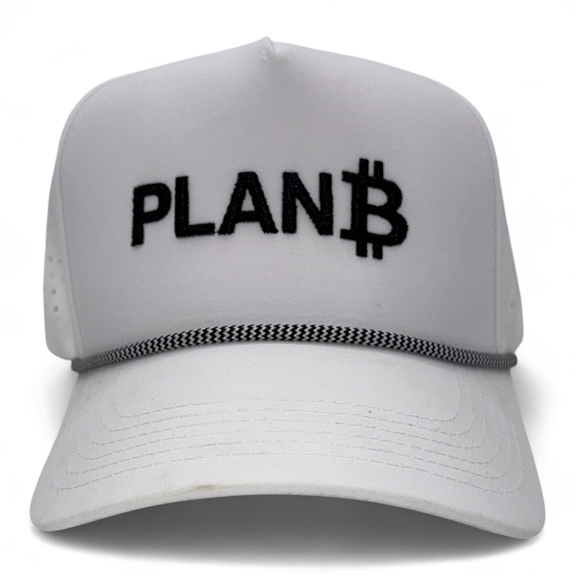 White cap with 'PLAN B' text and Bitcoin symbol on a white background