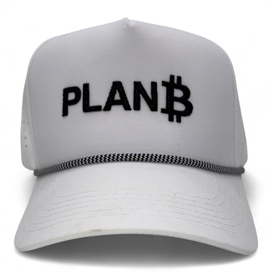 White cap with 'PLAN B' text and Bitcoin symbol on a white background