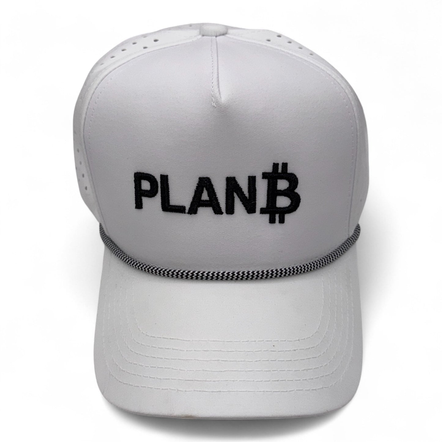 White cap with 'PLANB' logo on a white background