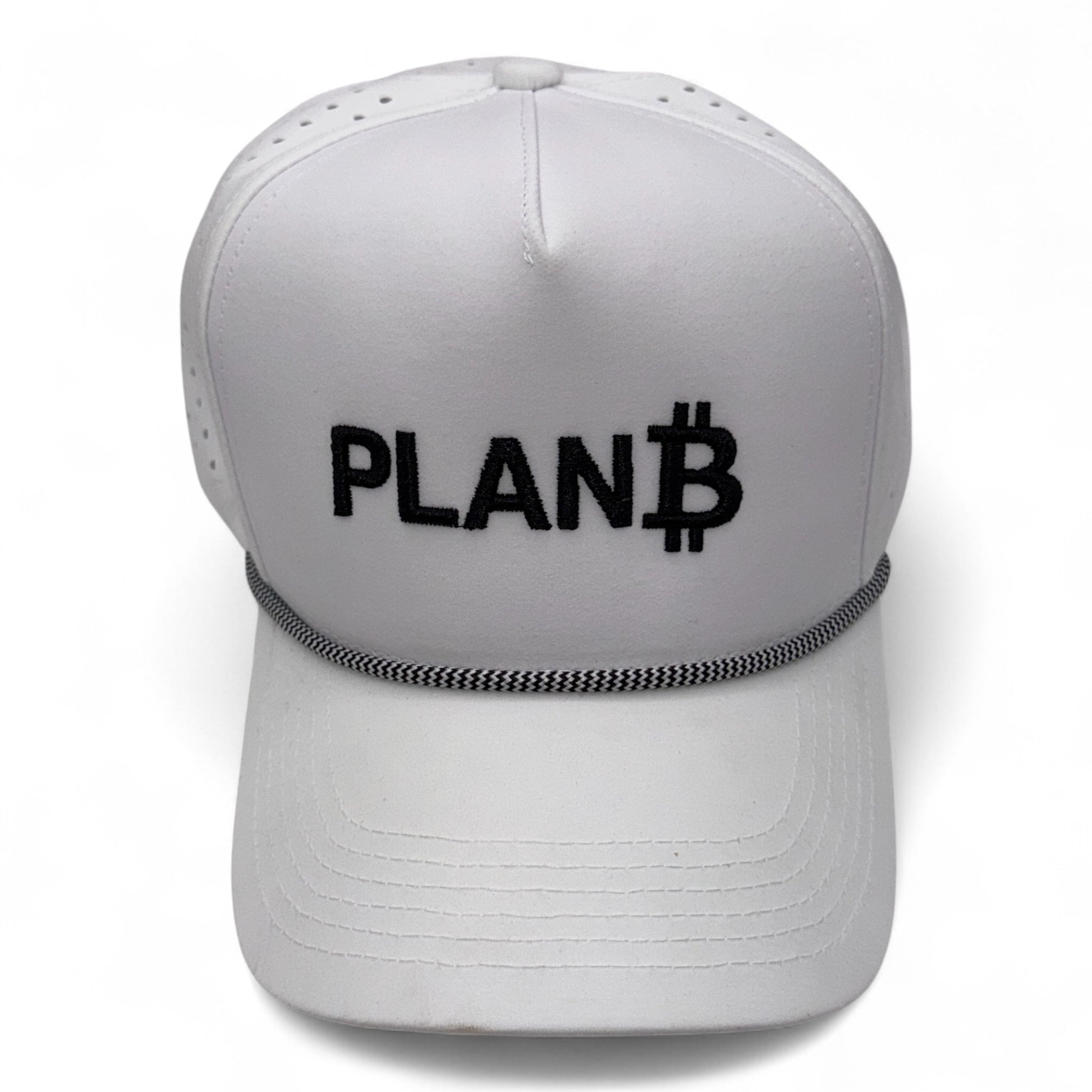 White cap with 'PLANB' logo on a white background