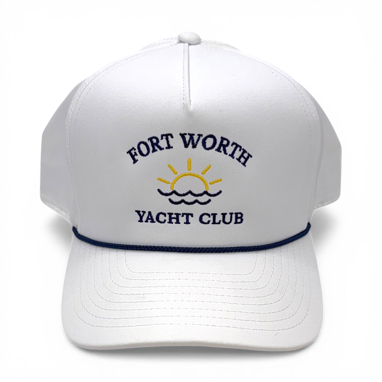 Fort Worth Yacht Club White with Navy Rope Imperial Cap – side profile – Mad Capper embroidered hat