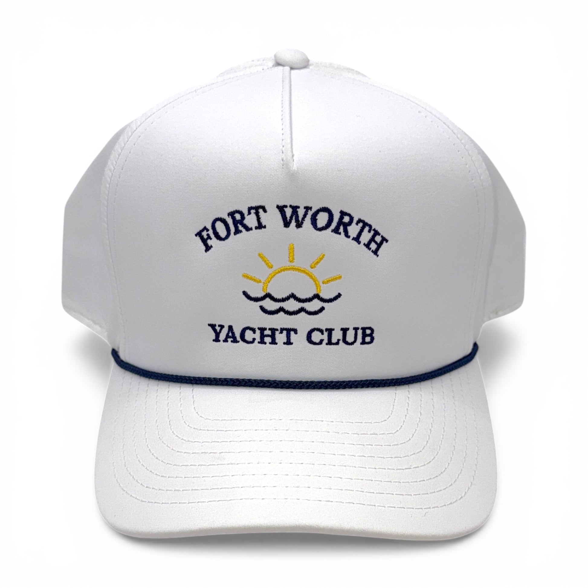 Fort Worth Yacht Club White with Navy Rope Imperial Cap – side profile – Mad Capper embroidered hat
