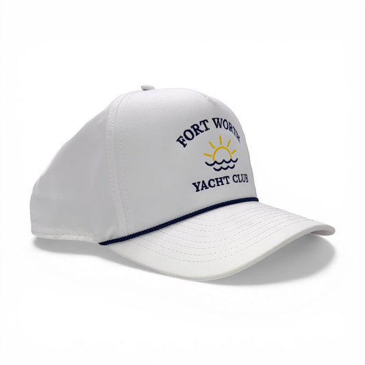 Fort Worth Yacht Club White with Navy Rope Imperial Cap – angled right view – Mad Capper embroidered hat