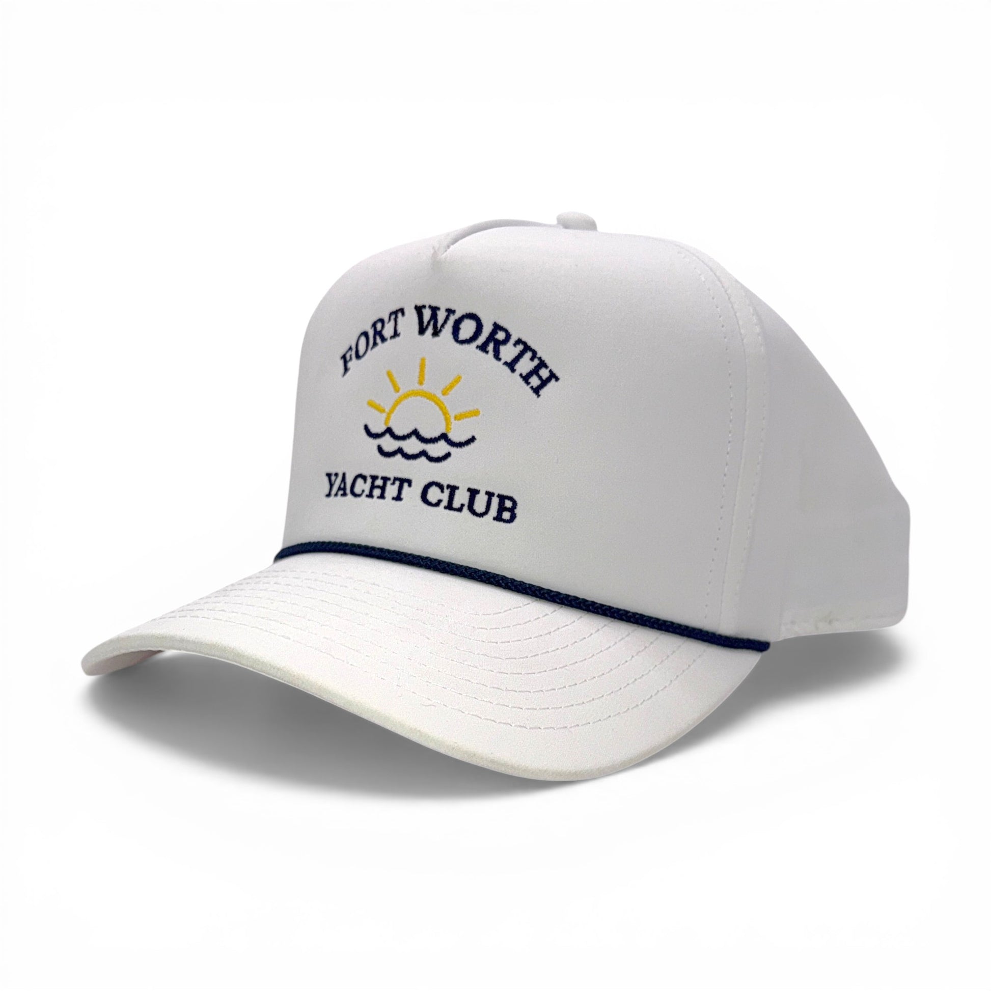 Fort Worth Yacht Club White with Navy Rope Imperial Cap – angled left view – Mad Capper embroidered hat