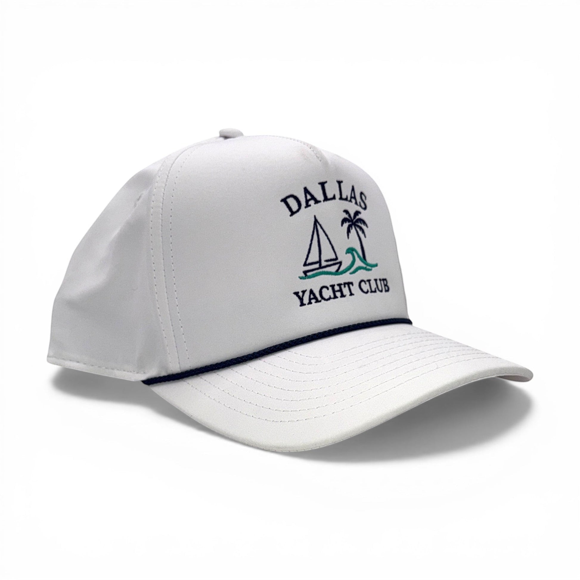 Dallas Yacht Club White with Navy Rope Imperial Cap – angled right view – Mad Capper embroidered hat