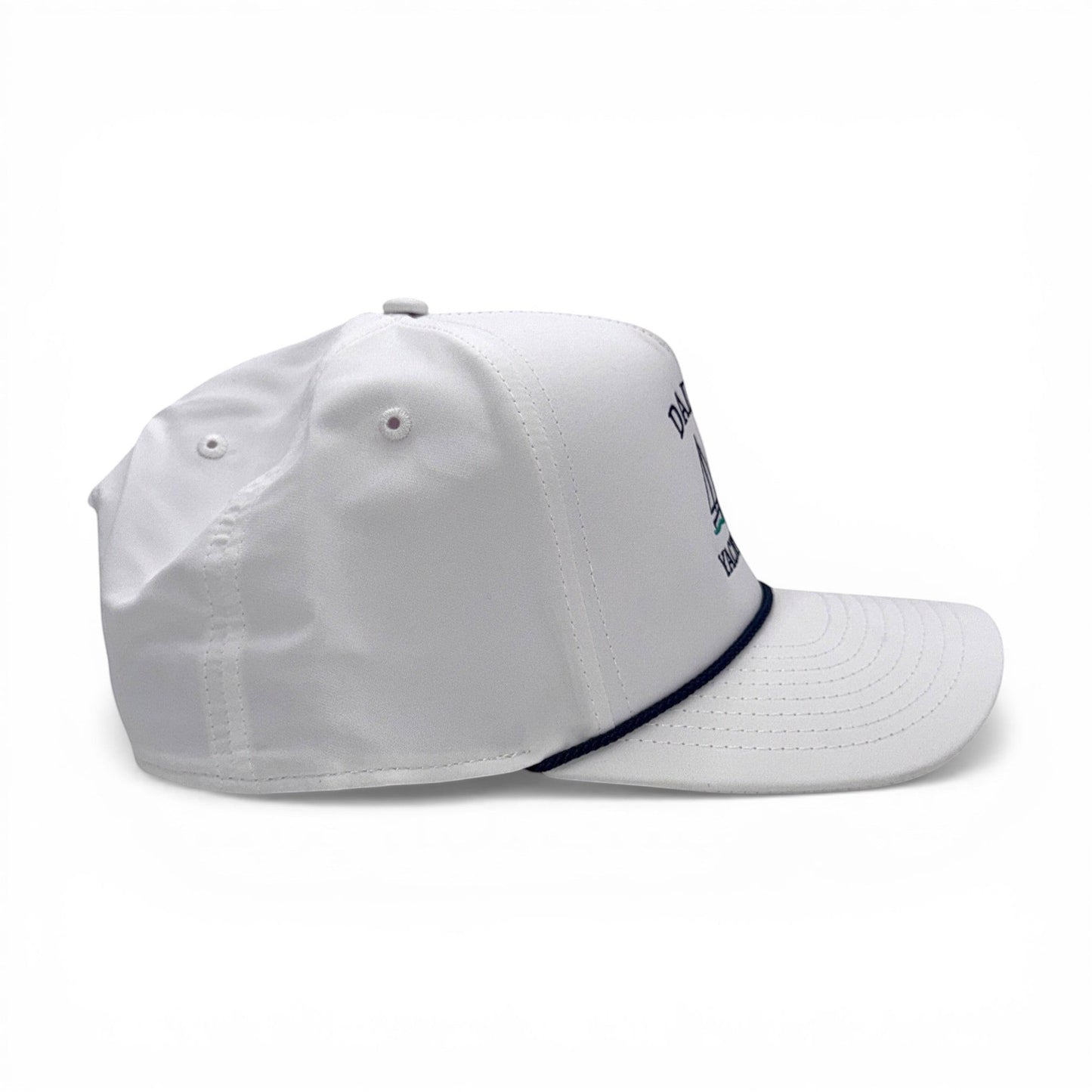 Dallas Yacht Club White with Navy Rope Imperial Cap – side profile – Mad Capper embroidered hat