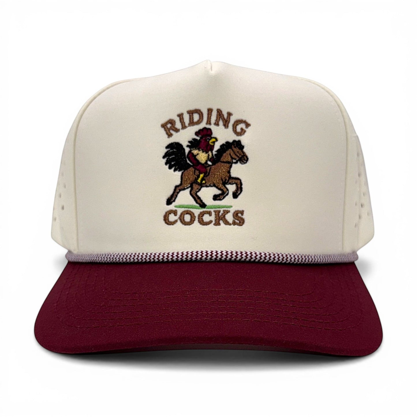 Riding Cocks Roper Cap – detail view – Mad Capper embroidered hat