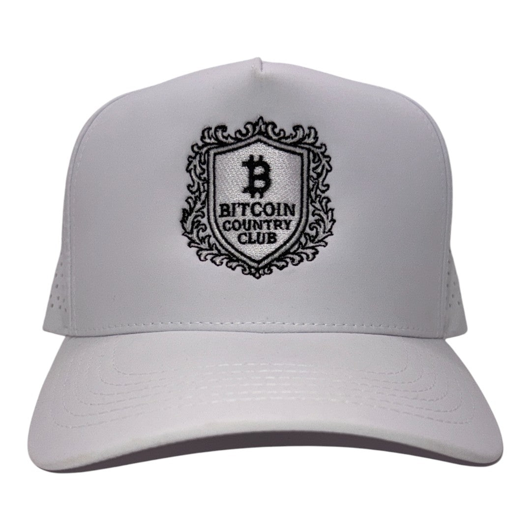The Bitcoin Country Club all-white trucker hat front view