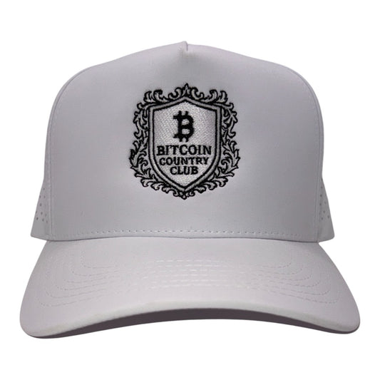 The Bitcoin Country Club all-white trucker hat front view